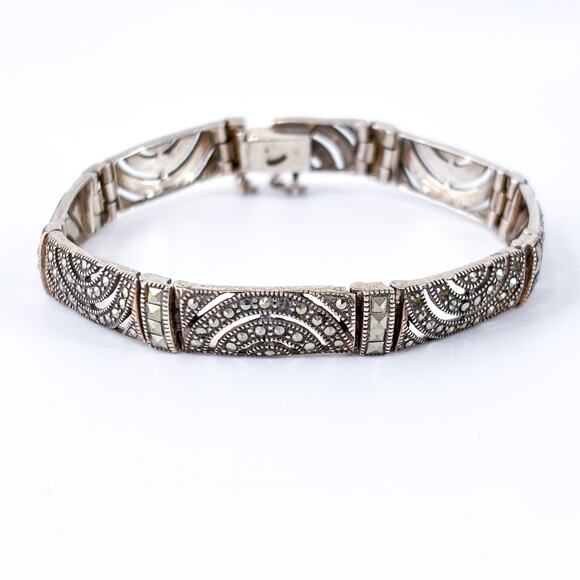 Vintage NF Thailand Sterling Silver 925 Marcasite Link Bracelet 8” - Picture 2 of 9